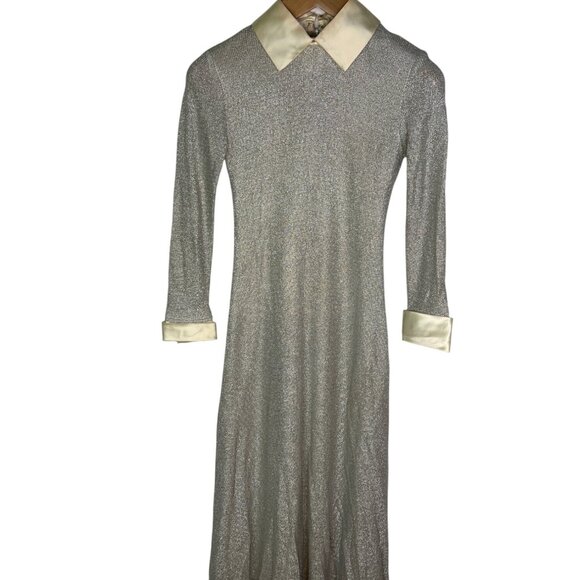 Vintage Montaldos Dress 1960s Metallic Silver Maxi Dress W/ Satin Collar Cuffs - Picture 2 of 7
